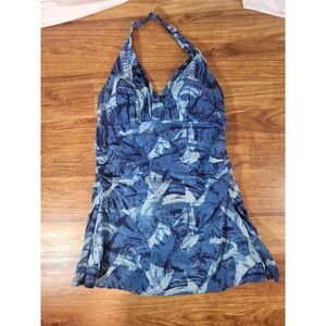 LL Bean Size 14 Long Blue Geometric Halter Swim Dress